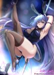  1girl absurdly_long_hair animal_ears arm_behind_head armpits artist_name ass azur_lane black_hair breasts brown_legwear fake_animal_ears full_body high_heels highres large_breasts leg_up lens_flare leotard long_hair looking_at_viewer new_jersey_(azur_lane) new_jersey_(exhilarating_steps!)_(azur_lane) official_alternate_costume oversized_breast_cup patreon_username playboy_bunny pole pole_dancing presenting_armpit purple_eyes purple_footwear purple_leotard rabbit_ears shoes smile solo stiletto_heels strapless strapless_leotard stripper_pole teeth thighhighs very_long_hair vilde_loh_hocen 