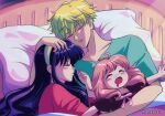  1990s_(style) 1boy 2girls anya_(spy_x_family) artist_name black_hair blonde_hair closed_eyes drooling hairband hanavbara multiple_girls nose_bubble open_mouth pillow pink_hair retro_artstyle sleeping spy_x_family twilight_(spy_x_family) under_covers yor_briar 