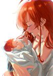  1boy 1girl absurdres ars_greyrat baby_carry blush breasts carrying child cleavage closed_eyes collarbone eris_greyrat highres kou_(spad7u59) long_hair mother_and_child mushoku_tensei nightgown parted_lips red_hair short_hair simple_background white_background white_nightgown 