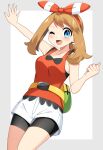  1girl ;d absurdres bike_shorts bike_shorts_under_shorts blue_eyes bow_hairband brown_hair clenched_hand commentary_request eyelashes fanny_pack green_bag hairband highres looking_at_viewer may_(pokemon) one_eye_closed open_mouth orange_hairband orange_shirt outstretched_arm pokemon pokemon_(game) pokemon_oras shirt short_shorts shorts sleeveless sleeveless_shirt smile solo tongue white_shorts yuihico 