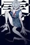  1girl ayanami_rei bandaged_head bandages barefoot blue_hair expressionless gauze gauze_over_eye highres neon_genesis_evangelion off_shoulder red_eyes red_hod restraints school_uniform short_hair sitting solo tokyo-3_middle_school_uniform 