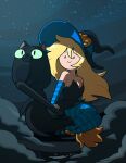 adventure_time alternate_color alternate_costume ambiguous_gender black_body black_fur blonde_hair broom broom_riding cake_the_cat cartoon_network cleaning_tool clothing discount-supervillain domestic_cat dot_eyes duo felid feline felis female feral fionna_and_cake fionna_the_human footwear fur hair hat headgear headwear hi_res human magic_user mammal night shoes simple_eyes sitting smile toony witch witch_hat