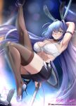  1girl absurdly_long_hair alternate_costume animal_ears arm_behind_head arm_strap armpits artist_name ass azur_lane black_choker black_hair black_skirt blush bra breasts brown_legwear choker fake_animal_ears front-tie_top full_body high_heels highres large_breasts leg_up lens_flare long_hair looking_at_viewer miniskirt new_jersey_(azur_lane) open_mouth oversized_breast_cup patreon_username pencil_skirt pole pole_dancing presenting_armpit purple_eyes purple_footwear rabbit_ears rectangular_eyewear shoes skirt solo stiletto_heels strapless stripper_pole thighhighs underwear very_long_hair vilde_loh_hocen white_bra zettai_ryouiki 