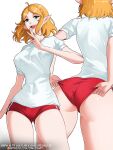  1girl adjusting_buruma adjusting_clothes ass blonde_hair braid buruma commentary crown_braid english_commentary from_behind green_eyes gym_uniform highres looking_at_viewer multiple_views opalis patreon_logo pointy_ears princess_zelda red_buruma shirt simple_background standing the_legend_of_zelda the_legend_of_zelda:_tears_of_the_kingdom web_address white_background white_shirt 