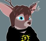  anthro black_clothing blue_eyes brown_body brown_fur brown_hair brown_horn brown_nose cervid choker clothing dibillboard fur hair horn jewelry male mammal necklace pink_ears simple_background sketch solo 