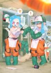  ! 2girls baseball_cap blue_hair blue_tongue boots breasts bright_pupils closed_mouth colored_tongue commentary cup disposable_cup elbow_gloves fangs full_body fuzuki_fuuro gloves green_boots green_gloves green_hat grey_eyes hat highres inkling inkling_girl inkling_player_character jumpsuit lifebuoy locker locker_room long_hair looking_at_viewer medium_hair multiple_girls navel octoling octoling_girl octoling_player_character open_mouth orange_jumpsuit panties parted_bangs pink_eyes pink_panties polka_dot polka_dot_panties purple_panties rubber_boots rubber_gloves salmon_run_(splatoon) shirt shoes small_breasts speech_bubble splatoon_(series) splatoon_2 spoken_exclamation_mark standing sticker stomach sweat swim_ring symbol-only_commentary tentacle_hair topless_female two-tone_panties underwear undressing unworn_gloves unworn_hat unworn_headwear unworn_shoes walk-in white_panties white_pupils white_shirt 