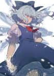  1girl alternate_eye_color bangs blue_bow blue_dress blue_hair blurry bow bowtie breasts cirno closed_mouth collared_shirt commentary_request dress eyebrows_visible_through_hair eyes_visible_through_hair fingernails frills grey_shirt grey_shorts hair_between_eyes hand_on_hip highres ice ice_wings kerok_(joniko1110) looking_at_viewer magic medium_breasts one-hour_drawing_challenge puffy_short_sleeves puffy_sleeves purple_eyes red_bow red_bowtie shirt short_hair short_sleeves shorts simple_background solo standing teeth touhou white_background wings 