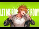  1boy \m/ black_jacket blue_oak closed_eyes double_\m/ english_text green_background highres jacket jewelry kash-phia male_focus necklace open_mouth pokemon pokemon_frlg shirt solo sparkle spiked_hair white_shirt 