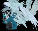  1girl angel_wings asymmetrical_wings black_background black_hair blue_hair blue_jacket blue_streaks censored english_commentary feathered_wings guilty_gear guilty_gear_strive guilty_gear_strive:_dual_rulers hair_over_one_eye hair_wings jacket looking_at_viewer mosaic_censoring multicolored_hair multiple_wings one_eye_covered open_clothes open_jacket red_eyes short_hair simple_background solo squatting streaked_hair tierrlist tomboy unika_(guilty_gear) white_wings wings 
