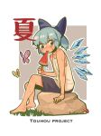  1girl animal barefoot black_shorts blue_bow blue_eyes blue_hair bow bug butterfly chenwei_jun cirno detached_wings fairy food hair_bow highres holding holding_food ice ice_wings popsicle short_hair shorts solo tank_top touhou white_tank_top wings 