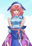  1girl absurdres animal_print apron asymmetrical_hair blue_apron blue_hat blue_shirt blush breasts commentary cowboy_shot cross-laced_clothes fish_print green_hair hat highres looking_at_viewer medium_hair mikotouca okunoda_miyoi open_mouth pink_hair purple_skirt shirt skirt smile solo touhou variant_set whale_hat whale_print 