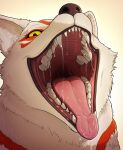 2025 absurd_res amaterasu_(okami) ambiguous_feral ambiguous_gender black_lips black_nose bodily_fluids canid canine canis capcom colored deity detailed_mouth digital_media_(artwork) digital_painting_(artwork) dripping eye_markings eyelashes fangs female_(lore) feral front_view fur gaping_mouth hi_res light lighting lips looking_at_viewer mammal markings mouth_shot mr.solar multicolored_body multicolored_fur no_sclera okami_(capcom) open_mouth open_smile painting_(artwork) pink_tongue pupils red_body red_fur red_markings saliva saliva_drip saliva_on_tongue saliva_string shaded signature simple_background sitting smile solo teeth tongue tongue_out two_tone_body two_tone_fur white_body white_ears white_fur white_inner_ear wolf yellow_eyes