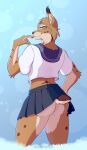 absurd_res anthro asian_clothing aspen_(crenchaw_wolf) blue_background blue_bottomwear blue_clothing blue_eyes blue_skirt bottomwear brown_body brown_fur butt clothed clothing clothing_lift crop_top crossdressing ear_tuft east_asian_clothing energyvector eurasian_lynx felid feline femboy finger_to_mouth fingers fur gesture hi_res japanese_clothing japanese_school_uniform lynx male mammal markings miniskirt multicolored_body multicolored_fur nub_tail pleated_skirt presenting presenting_hindquarters raised_bottomwear raised_clothing raised_skirt rear_view school_uniform shaded shirt simple_background skirt skirt_lift small_waist smile smiling_at_viewer smirk smirking_at_viewer solo spots spotted_body spotted_fur suggestive suggestive_clothing suggestive_gesture suggestive_look suggestive_pose teasing thick_thighs topwear tuft uniform watermark white_body white_clothing white_fur