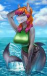  2022 absurd_res anthro blue_eyes clothing cloud female fish goatesque green_clothing green_topwear hand_on_head hi_res marine one-piece_swimsuit sea shark sky solo swimwear teeth topwear water 