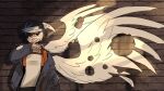  1girl angel_with_a_shotgun asymmetrical_wings black_hair blue_hair blue_jacket blue_streaks bullet_hole closed_mouth devi1beach english_commentary feathered_wings guilty_gear guilty_gear_strive guilty_gear_strive:_dual_rulers hair_over_one_eye hair_wings highres jacket long_sleeves looking_at_viewer meme multicolored_hair multiple_wings open_clothes open_jacket red_eyes shirt short_hair solo streaked_hair tomboy turtleneck unika_(guilty_gear) white_wings wings 