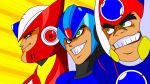  3boys android armor axl_(mega_man) black_armor black_helmet blue_armor blue_eyes blue_helmet chest_jewel clenched_teeth cross_scar forehead_jewel gem getter_robo getter_team_pose_(meme) green_eyes grin helmet highres ishikawa_ken_(style) male_focus mega_man_(series) mega_man_x_(series) meme multiple_boys parody red_armor red_helmet revision robot robot_ears scar scar_on_face shin_getter_robo smile smirk style_parody teeth thick_eyebrows x_(mega_man) zam-8192 zero_(mega_man) 