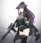  1girl animal_ears arknights bangs black_coat black_legwear black_shorts breasts cat_ears cat_tail coat commentary_request cowboy_shot english_commentary eyebrows_visible_through_hair green_eyes grey_background grey_shirt gun highres holding holding_gun holding_weapon jessica_(arknights) k0ng large_breasts long_hair long_sleeves looking_at_viewer official_alternate_costume open_clothes open_coat pouch purple_hair rifle shirt short_shorts shorts sniper_rifle solo standing tail thighhighs thighs very_long_hair weapon 