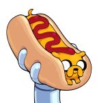 adventure_time ambiguous_gender canid canine canis cartoon_network dachshund discount-supervillain domestic_dog duo feral finn_the_human food hot_dog humanoid hunting_dog jake_the_dog ketchup mammal mechanical_arm micro mostly_offscreen_character smile toony