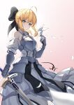  1girl absurdres ahoge armor armored_dress arms_up artoria_pendragon_(fate) bare_shoulders black_bow blonde_hair bow breastplate caliburn_(fate) commentary dai_mao_xuan_yi dress english_commentary falling_petals fate/grand_order fate_(series) flower gauntlets gradient_background green_eyes hair_between_eyes hair_bow highres holding holding_flower holding_sword holding_weapon long_hair looking_ahead petals ponytail saber_lily sidelocks solo standing sword weapon white_flower white_lily 