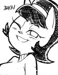 2025 anthro black_and_white blush blush_lines clothing dated dbaru domestic_cat felid feline felis female headshot_portrait kitty_katswell looking_at_viewer mammal monochrome nickelodeon one_eye_closed portrait smile solo sweater t.u.f.f._puppy topwear turtleneck wink
