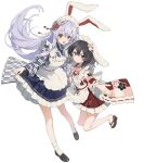  2girls :d alternate_costume animal_ears apron black_hair black_sandals black_shoes blue_kimono blue_skirt carrot_necklace closed_mouth enmaided floral_print flower full_body hair_flower hair_ornament hashtag-only_commentary highres inaba_tewi japanese_clothes jewelry kimono loafers long_hair long_sleeves looking_at_viewer maid maid_apron maid_headdress multiple_girls necklace open_mouth pink_kimono purple_hair rabbit_ears rabbit_girl rabbit_hair_ornament rcs_4 red_eyes red_skirt reisen_udongein_inaba sandals shoes short_hair simple_background skirt skirt_hold smile touhou very_long_hair wa_maid white_apron white_background wide_sleeves yagasuri 