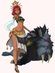  1girl animal black_sarong black_tank_top bracelet circlet commentary commission crop_top dark-skinned_female dark_skin english_commentary full_body gerudo highres holding holding_sword holding_weapon jewelry navel opalis patricia_(zelda) pointy_ears red_hair riju sand_seal_(zelda) sarong second-party_source solo standing sword tank_top the_legend_of_zelda the_legend_of_zelda:_tears_of_the_kingdom tiara tusks weapon 