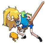 adopted_(lore) adoptive_brother_(lore) adoptive_brothers_(lore) adoptive_sibling_(lore) adventure_time ambiguous_gender anthro backpack blonde_hair blood bodily_fluids boots bottomwear canid canine canis cartoon_network clothing discount-supervillain domestic_dog dot_eyes duo feet finn_the_human footwear hair human jake_the_dog mammal mechanical_arm melee_weapon micro shirt shoes shorts simple_eyes sword t-shirt tail toes toony topwear torn_clothing weapon wounded yellow_body
