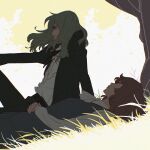 55bata6rou arm_support asaka_rei black_jacket black_pants blonde_hair blue_dress closed_mouth dress from_side highres jacket knee_up long_hair long_sleeves looking_at_another lying misonoo_nanako on_back on_grass oniisama_e... outdoors own_hands_together pants profile shirt sitting tree under_tree white_shirt 