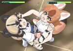  2girls african_wild_dog_(kemono_friends) animal_ears animal_print black_bow black_bowtie blonde_hair blue_shorts blush boots bow bowtie brown_eyes brown_hair brown_skirt brown_thighhighs dhole_(kemono_friends) dog_ears dog_girl dog_print dog_tail from_above health_bar highres kemono_friends long_sleeves metal_gear_(series) metal_gear_solid_4:_guns_of_the_patriots multicolored_hair multiple_girls open_mouth pantyhose pleated_skirt print_pantyhose print_sleeves seikyoaoi shirt short_hair short_shorts short_sleeves shorts sidelocks skirt sleeveless tail thighhighs white_boots white_hair white_shirt yellow_eyes zettai_ryouiki 