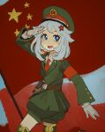  1girl :d belt blue_eyes bright_pupils brown_belt cowboy_shot genshin_impact gloves green_headwear green_jacket green_legwear grey_hair hair_flaps hat highres jacket long_sleeves looking_at_viewer military military_hat military_uniform mossacannibalis necktie open_mouth paimon_(genshin_impact) peaked_cap puffy_shorts red_necktie salute shorts smile solo soviet_army soviet_flag standing thighhighs uniform white_gloves white_pupils 