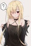  1girl 9-nine- ? absurdres bare_shoulders black_camisole black_choker blonde_hair blush breasts camisole choker clueless collarbone commentary_request criss-cross_halter eyes_visible_through_hair ghost_(9-nine-) grey_background hair_between_eyes hair_over_one_eye halterneck hands_up highres hood hoodie large_breasts long_bangs long_hair looking_at_viewer open_clothes open_hoodie open_mouth puff_of_air red_eyes sidelocks simple_background solo speech_bubble spoken_question_mark sweat takoyaki032002 undressing upper_body very_long_hair white_hoodie 