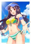  armband asymmetrical_bikini bangs bikini black_hair blue_headwear blue_sky blush breasts cleavage cloud commentary_request day dolphin_pendant dot_nose eyebrows_visible_through_hair green_bikini highres idolmaster idolmaster_million_live! idolmaster_million_live!_theater_days karua_(karua23) long_hair looking_at_viewer medium_breasts navel open_mouth outdoors red_eyes sidelocks sky smile solo stomach striped striped_bikini sunlight swimsuit takayama_sayoko thighs visor_cap water_drop yellow_bikini 