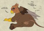 anus avian backsack ball_tuft balls beak beak_sheath blush brown_body brown_feathers brown_fur butt catcall clenched_teeth dental_dam denzeltip dialogue embarrassed english_text eyelashes eyeshadow feathered_wings feathers femboy feral fur genitals gryphon hasbro hi_res lying makeup male misgendering multicolored_wings my_little_pony mythological_avian mythological_creature mythology offscreen_character on_side painted_claws pawpads presenting presenting_anus presenting_balls presenting_hindquarters reclining scutes sexual_barrier_device sexual_dental_dam simple_background solo tail tail_aside teeth text tuft wings yellow_beak yellow_scutes