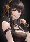  1girl asle bangs bare_shoulders black_dress black_gloves black_hair breasts cleavage dagger dress fingerless_gloves gloves gold_hairband hair_ornament highres knife large_breasts long_hair looking_at_viewer red_eyes sidelocks solo spy_x_family weapon yor_briar 