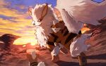  arcanine black_eyes closed_mouth cloud commentary_request desert evolutionary_line fangs fangs_out growlithe killert_0401 looking_back no_humans outdoors pokemon pokemon_(creature) sky smile standing twilight 