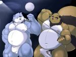  2022 4:3 anthro belly big_belly black_nose blue_body blush brown_body canid canine canis clothing collar domestic_dog duo erection genitals gomdepp hi_res humanoid_genitalia humanoid_hands humanoid_penis jockstrap kemono leash male male/male mammal moobs moon night nipples overweight overweight_male penis raccoon_dog tanuki underwear white_body 