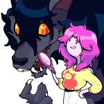adventure_time alternate_species ambiguous_gender anthro bottomwear candy_people_(at) canid canine canis cartoon_network claws clothing demon discount-supervillain duo fangs female food food_creature food_hair fur furrification hair humanoid mammal marceline_abadeer mirror pants pink_pseudo_hair princess_bubblegum pseudo_hair pupils slit_pupils smile snout sweater teeth topwear vampire wolf