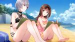  2girls beach bikini black_bikini black_choker blue_bag blue_eyes brown_hair choker closed_mouth cloud cumulonimbus_cloud eye_contact feet_out_of_frame frilled_one-piece_swimsuit frills full_body game_cg grey_hair hair_between_eyes hairband holding holding_pencil holding_sketchbook light_particles long_hair looking_at_another marie_mahler mountainous_horizon multi-strapped_bikini_bottom multi-strapped_bikini_top multicolored_hairband multiple_girls non-web_source official_art on_ground one-piece_swimsuit otori_ai outdoors parted_lips pencil pink_one-piece_swimsuit purple_eyes raised_inner_eyebrows short_hair sitting sketchbook smile soles split_mouth swimsuit toes yumeutsutsu_re:master 