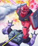  absurdres dom_(mobile_suit) energy_sword gundam gundam_gihren_no_yabou highres holding holding_shield holding_sword holding_weapon kobakin mecha missile mobile_suit mobile_suit_gundam purple_eyes robot rx-78-2_gundam rx-78-2_gundam_casval_custom scene_reference science_fiction shield smoke sword v-fin weapon zeon 