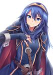  1girl armor backlighting bangs black_shirt blue_eyes blue_gloves blue_hair blue_tunic closed_mouth eyebrows_visible_through_hair fingerless_gloves fire_emblem fire_emblem_awakening gloves hair_between_eyes hairband highres long_hair lucina_(fire_emblem) minamonochaba shiny shiny_hair shirt shoulder_armor simple_background smile solo upper_body white_background yellow_hairband 