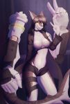  2022 5_fingers anthro blurred_background bottomwear breasts cleavage clothed clothing fingers fish fist forest gesture hi_res kunstwaffe marine mechanical_arm outside plant shark shorts smile tree v_sign 
