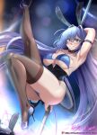  1girl absurdly_long_hair alternate_costume animal_ears arm_behind_head arm_strap armpits artist_name ass azur_lane black_choker black_corset black_hair blue_bra blue_panties blush bra breasts brown_legwear choker corset fake_animal_ears front-tie_top full_body high_heels highres large_breasts leg_up lens_flare long_hair looking_at_viewer new_jersey_(azur_lane) open_mouth oversized_breast_cup panties patreon_username pole pole_dancing presenting_armpit purple_eyes purple_footwear rabbit_ears rectangular_eyewear shoes solo stiletto_heels strapless stripper_pole thighhighs underwear very_long_hair vilde_loh_hocen zettai_ryouiki 