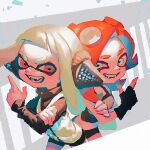  2girls agent_3_(splatoon) armor artist_name behind-the-head_headphones bellhenge black_gloves black_jacket black_shirt black_shorts breastplate commentary crop_top english_commentary fangs fingerless_gloves gloves green_eyes green_hair hand_on_own_arm headphones high-visibility_clothing high-visibility_vest index_finger_raised inkling jacket long_hair long_sleeves looking_at_viewer midriff multiple_girls open_mouth parted_bangs red_eyes red_hair shirt shorts smile splatoon_(series) splatoon_1 takozonesu tentacle_hair v-shaped_eyebrows 