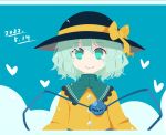  1girl aqua_eyes bangs black_headwear blouse blue_background blush bow buttons closed_mouth dated diamond_button eyeball eyebrows_visible_through_hair frilled_shirt_collar frills hair_between_eyes hat hat_bow hat_ribbon heart koishi_day komeiji_koishi light_green_hair long_sleeves looking_at_viewer medium_hair no_pupils nosada ribbon shirt smile solo third_eye touhou turtleneck upper_body wavy_hair wide_sleeves yellow_bow yellow_ribbon yellow_shirt 