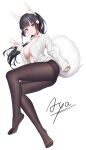  1girl absurdres animal_ear_fluff animal_ears aya_(lezon) black_hair blush breasts brown_legwear cleavage collared_shirt eyebrows_visible_through_hair fox_ears fox_girl fox_hair_ornament fox_tail highres indie_virtual_youtuber large_breasts long_hair looking_at_viewer no_bra no_shoes open_clothes open_shirt pantyhose parted_lips ponytail red_eyes second-party_source shirt simple_background sleeves_past_fingers sleeves_past_wrists smile solo tail thighband_pantyhose virtual_youtuber white_background white_shirt yuzuki_moon 