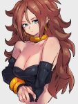  1girl android_21 bare_shoulders black_nails blue_eyes breasts brown_hair cleavage closed_mouth collarbone dragon_ball dragon_ball_fighterz earrings grey_background hoop_earrings jewelry kemachiku long_hair looking_at_viewer majin_android_21 medium_breasts nail_polish simple_background solo upper_body 