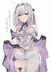  1girl bare_shoulders black_collar black_gloves blush breasts bug butterfly castorice_(honkai:_star_rail) chest_sarashi collar cowboy_shot detached_collar dress elbow_gloves embarrassed flying_sweatdrops frilled_collar frills gloves groin highres honkai:_star_rail honkai_(series) medium_breasts medium_hair pantyhose parted_lips pointy_ears purple_dress purple_eyes rekka_shinai sarashi simple_background single_leg_pantyhose skirt_hold solo sweat tiara translation_request white_background white_hair white_pantyhose 