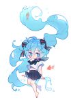  1girl absurdly_long_hair ahoge arms_at_sides bare_legs barefoot black_bow black_bowtie black_sailor_collar black_skirt blush bottle_miku bow bowtie bubble chibi chibi_only chromatic_aberration commentary double-parted_bangs fish floating_hair full_body hair_between_eyes hair_bow hatsune_miku highres hn_(artist) knees_together_feet_apart liquid_hair long_hair looking_at_viewer midriff miniskirt navel no_mouth pleated_skirt sailor_collar school_uniform shirt short_sleeves sideways_glance simple_background skirt solo twintails very_long_hair vocaloid white_background white_shirt 
