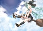  1girl :d ^_^ absurdres aqua_ascot aqua_hair aqua_ribbon arm_tattoo bangs bare_arms black_headwear black_legwear black_skirt blue_ribbon blue_sky broom broom_riding closed_eyes cloud eyebrows_visible_through_hair facing_viewer floating_hair frilled_skirt frills full_body hair_between_eyes hat hat_ribbon hatsune_miku high-waist_skirt highres kneehighs lens_flare long_hair open_mouth ribbon shirt skirt sky sleeveless sleeveless_shirt smile solo tattoo twintails very_long_hair vocaloid wa_ki_ya_ku white_shirt witch witch_hat wrist_cuffs 