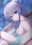  1girl bangs blue_eyes blurry blurry_background breasts charlotte_(anime) cloud cloudy_sky covering covering_one_breast crossed_legs dutch_angle eyebrows_visible_through_hair hair_between_eyes highres lelie_link long_hair looking_at_viewer medium_breasts nude onsen open_mouth outdoors partially_submerged ponytail sideboob sky solo steam tomori_nao white_hair 